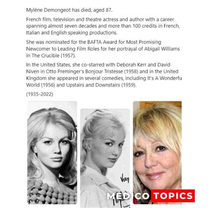 
Mylene Demongeot Biography, Cause of Death, Age, Net Worth, Husband, Children, Parents 