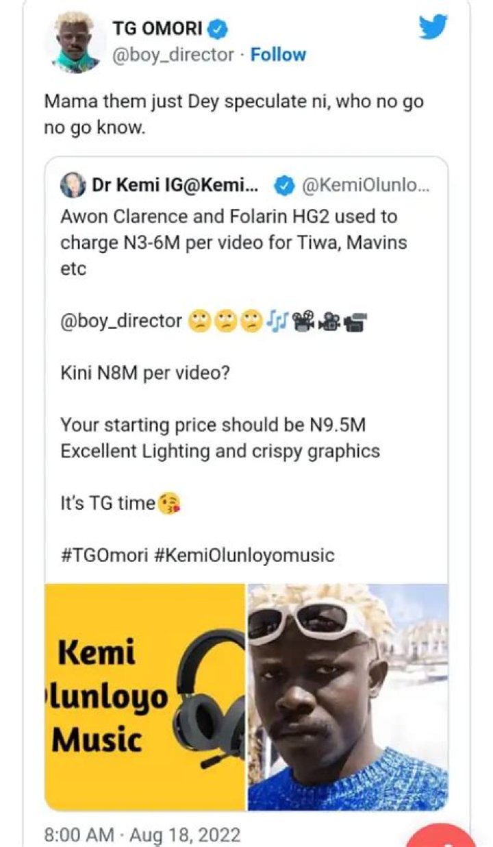 
Video Director, TG Omori Reacts As Kemi Olunloyo Advises Him To Charge N9.5M Per Video 